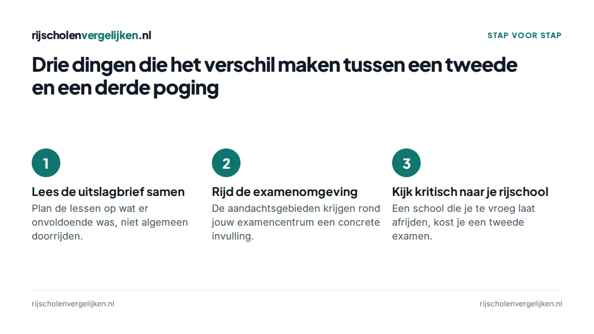 Drie stappen: uitslagbrief samen lezen, examenomgeving rijden, kritisch naar je rijschool kijken