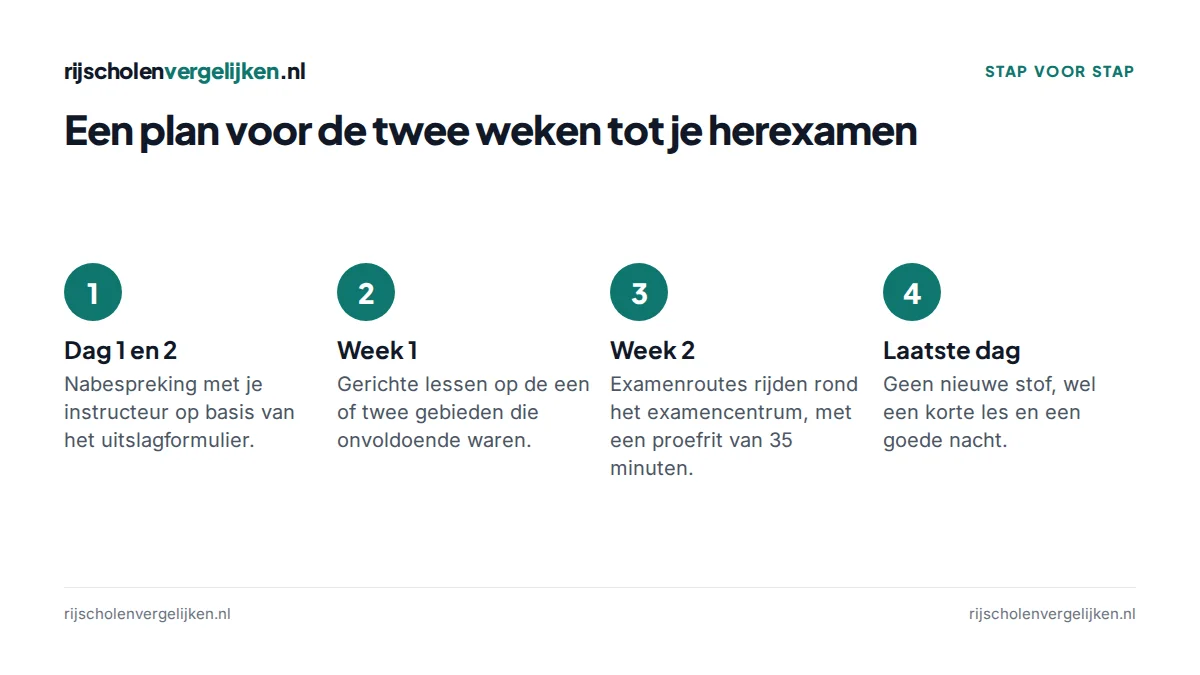 Vier stappen voor de twee weken tot het herexamen: nabespreking, gerichte lessen, examenroutes, rustige laatste dag