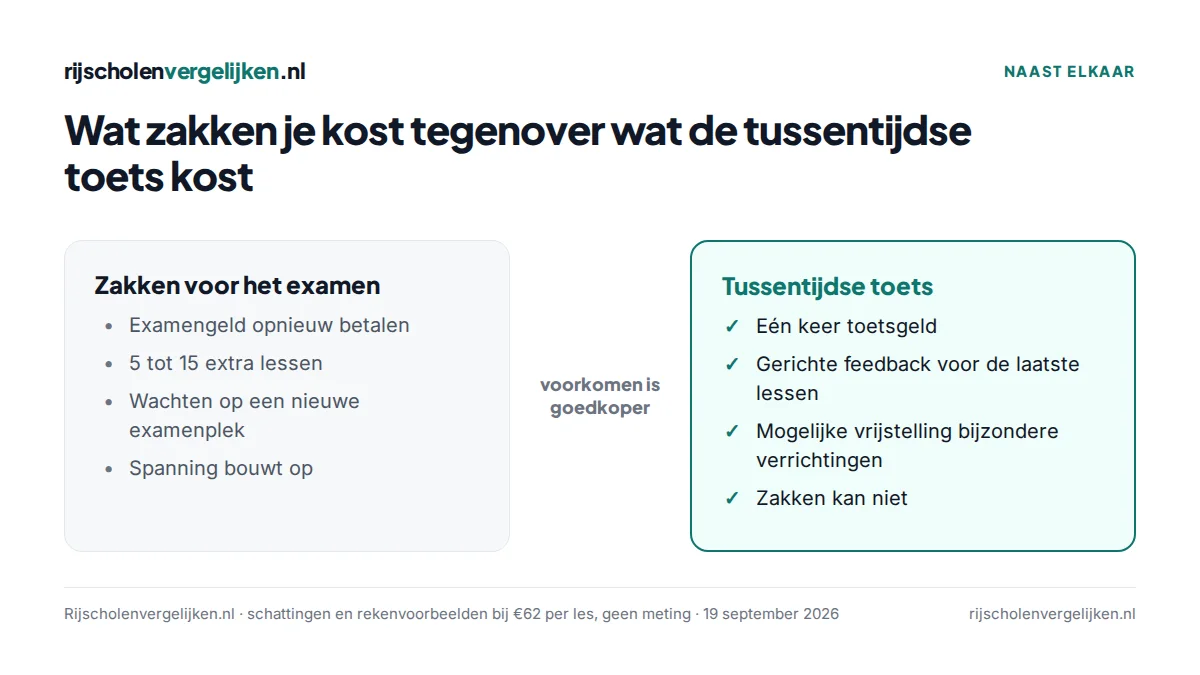 Vergelijking van de kosten van zakken (examengeld opnieuw, 5 tot 15 extra lessen) met de tussentijdse toets (één keer toetsgeld, feedback, vrijstelling)