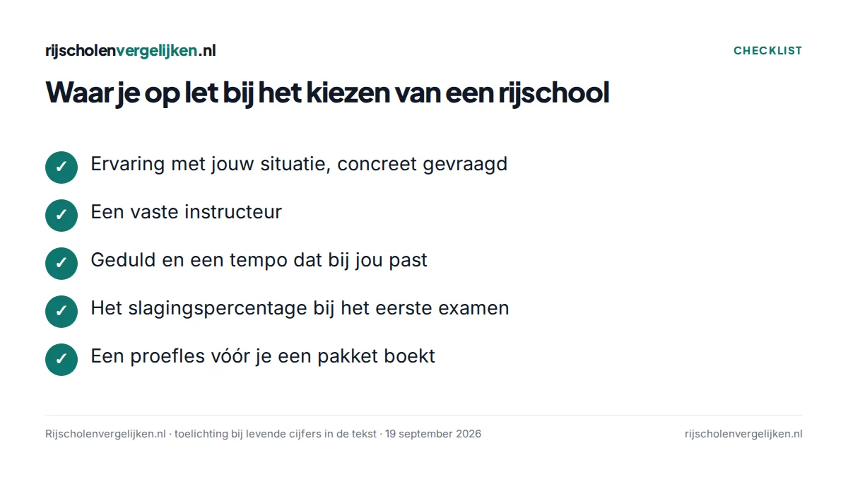Checklist met vijf punten om een rijschool te kiezen bij rijangst, faalangst, ADHD of autisme