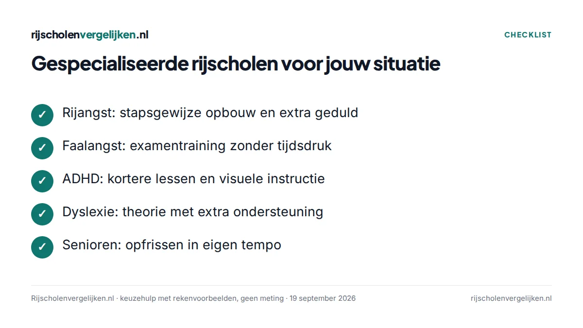 Checklist met vijf doelgroepen waarvoor gespecialiseerde rijscholen bestaan
