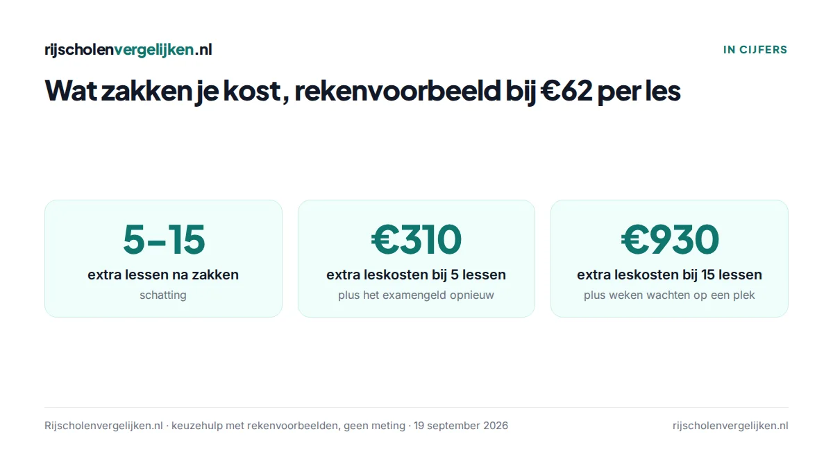 Drie tegels: 5 tot 15 extra lessen na zakken, €310 tot €930 extra leskosten plus het examengeld opnieuw