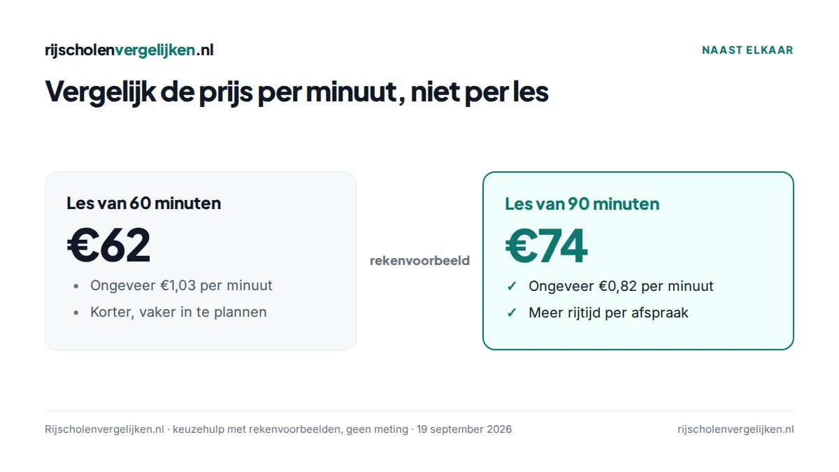 Vergelijking van een les van 60 minuten voor €62 en een les van 90 minuten voor €74: de langere les is per minuut goedkoper