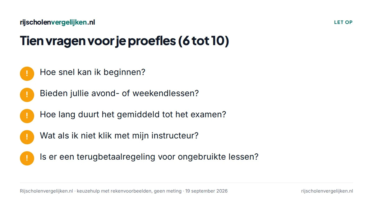 Checklist met vraag zes tot tien voor een proefles bij een rijschool