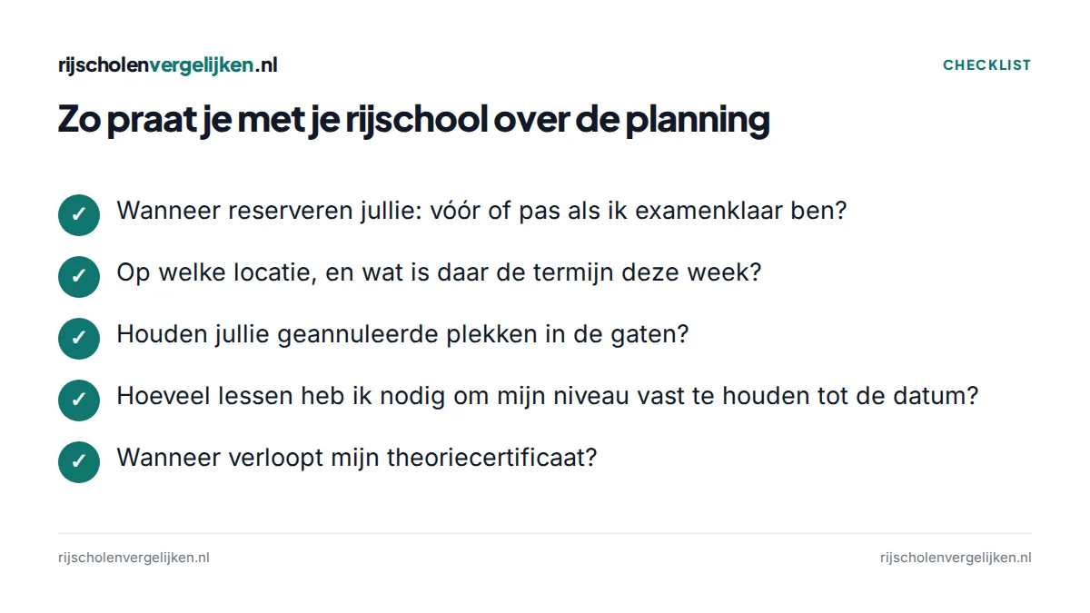 Checklist met vijf vragen aan je rijschool over de examenplanning