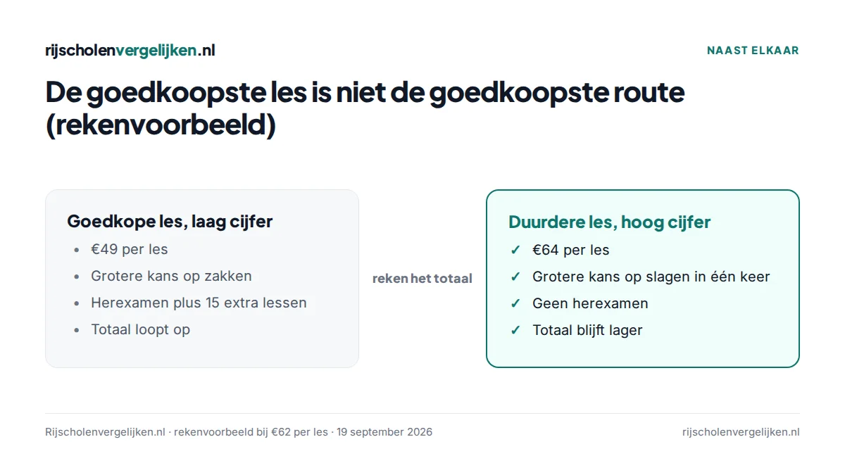 Vergelijking van een goedkope les bij een school met een laag slagingspercentage en een duurdere les bij een school met een hoog slagingspercentage