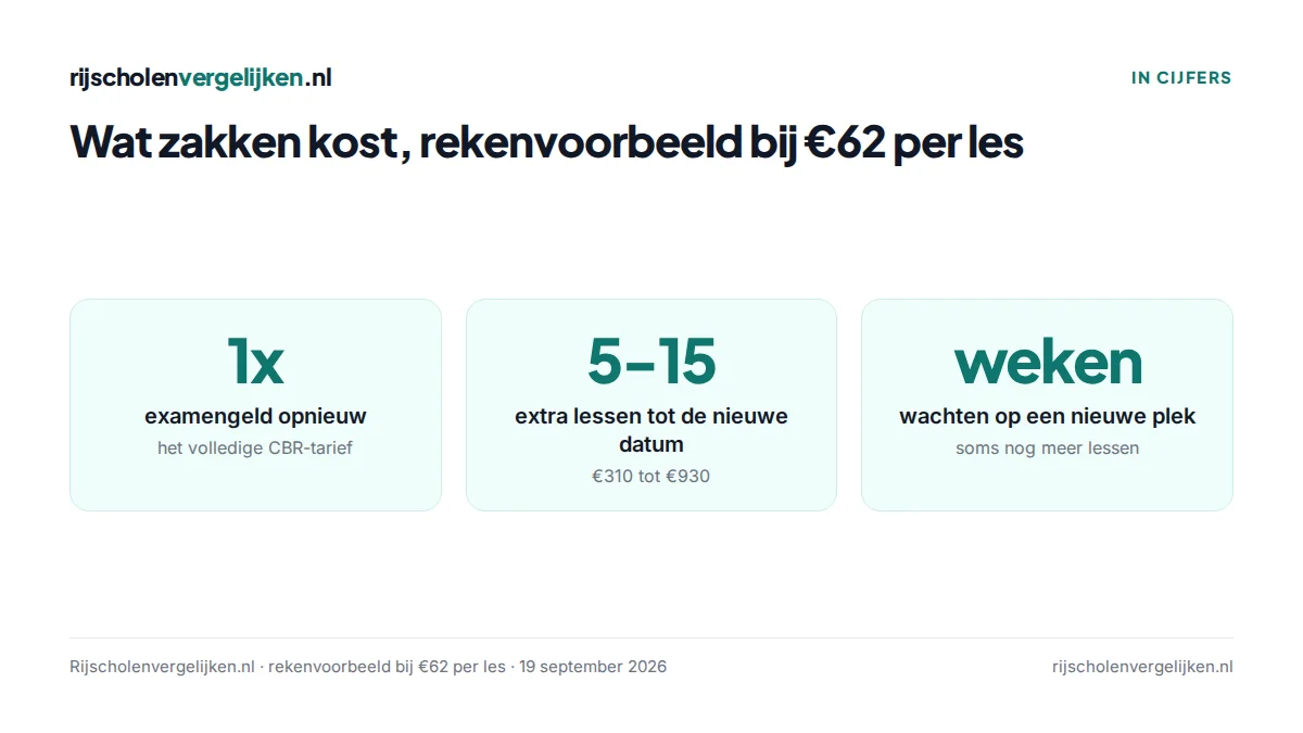 Drie tegels over de kosten van zakken: examengeld opnieuw, 5 tot 15 extra lessen van €310 tot €930, weken wachten op een nieuwe plek