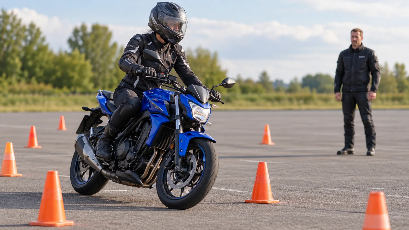 Motorleerling oefent voertuigbeheersing tussen pionnen onder begeleiding