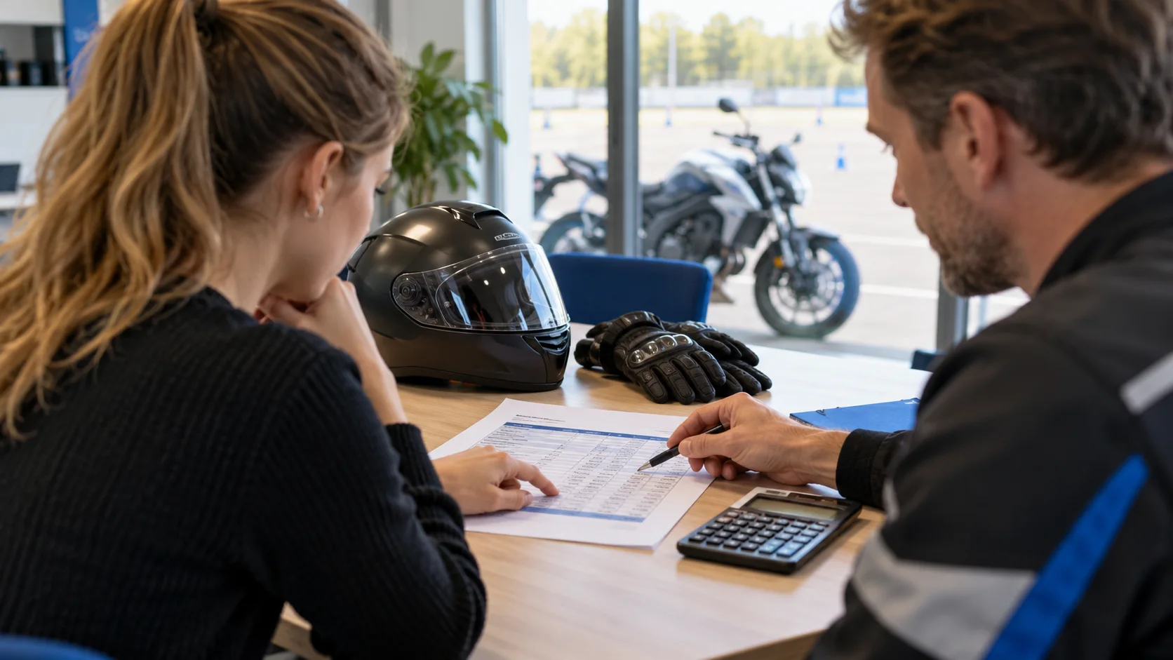Leerling en instructeur bespreken een kostenoverzicht naast een motorhelm en rekenmachine